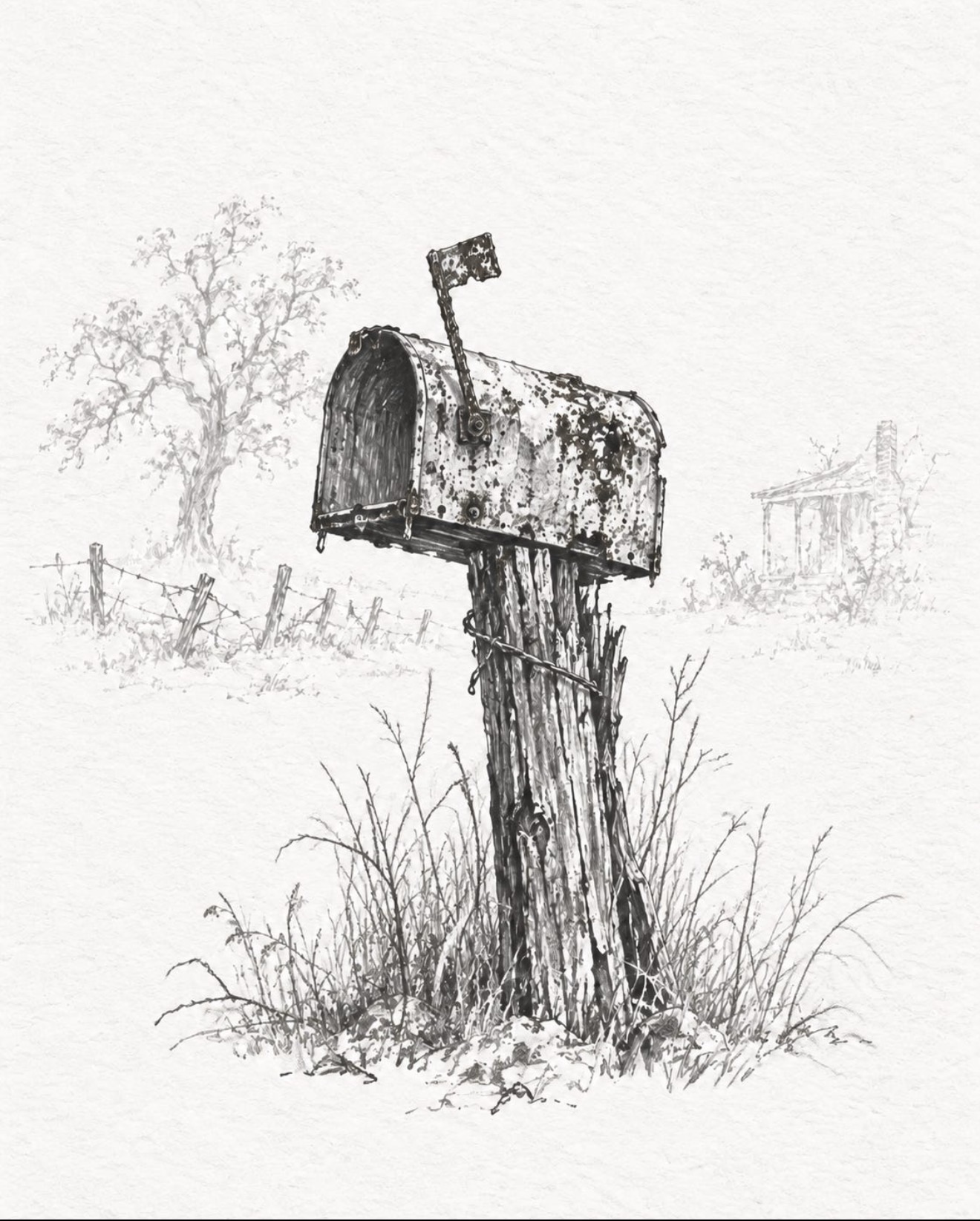 Pencil sketch of an old rusty mailbox on a weathered wooden post beside a country road